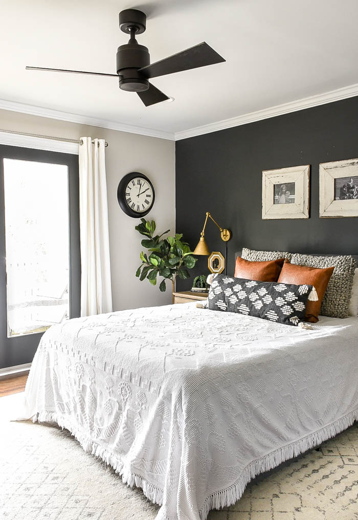 Vintage modern, high-contrast master bedroom