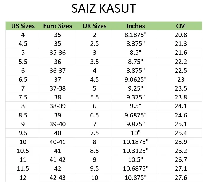 senarai saiz kasut untuk memudahkan anda dalam pemilihan saiz kasut