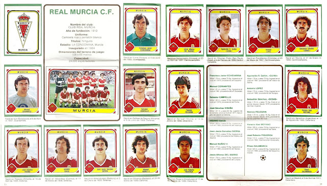 Álbum FUTBOL 84. Temporada 1983-83. Liga de 1ª y 2ª División, España. Editorial Panini. REAL MURCIA C. F. Escudo. ECHEVARRÍA, DEL BARRIO, GUINA, LÓPEZ, SEBAS. CERVANTES, Equipo, CAMPELLO, PELEGRÍN, MOYANO. VIDAÑA, HIGINIO, SIERRA, NÚÑEZ II, FIGUEROA, SALAMANCA.