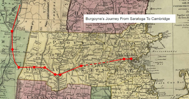 Burgoyne's route in 1777 from Saratoga through Albany New York, Great Barrington and Springfield Massachusetts to Cambrige