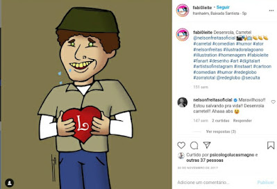 Ator Nelson Freitas comentou na postagem da caricatura do personagem 'Carretel, vivido por ele no Zorra Total