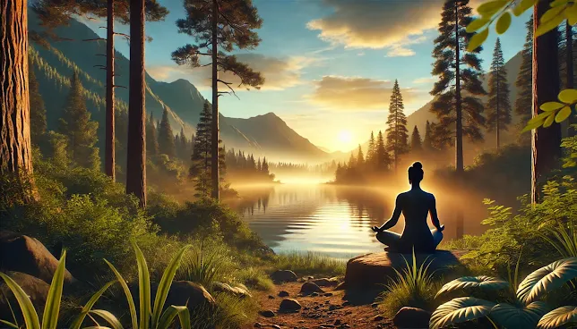 A serene landscape with a person meditating in nature.