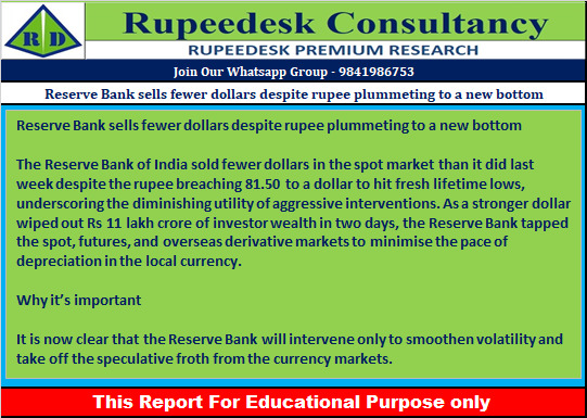 Reserve Bank sells fewer dollars despite rupee plummeting to a new bottom - Rupeedesk Reports - 27.09.2022