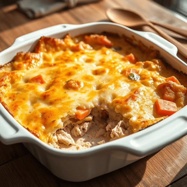 A freshly baked classic chicken casserole in a white ceramic baking dish with a golden-brown cheese crust, resting on a rustic wooden table.