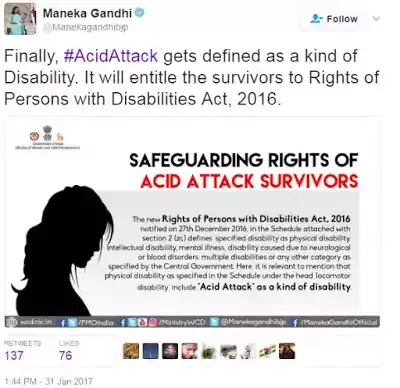 Maneka Gandhi Tweet about acid attack survivor