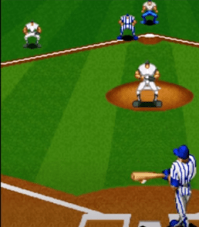 Shows Baseball game with the player wearing blue and white stripped clothing preparing to hit the base to try and get a homerun with the other team being in the colour of white clothing and on pitch with two colours of grass here and sand showing up here