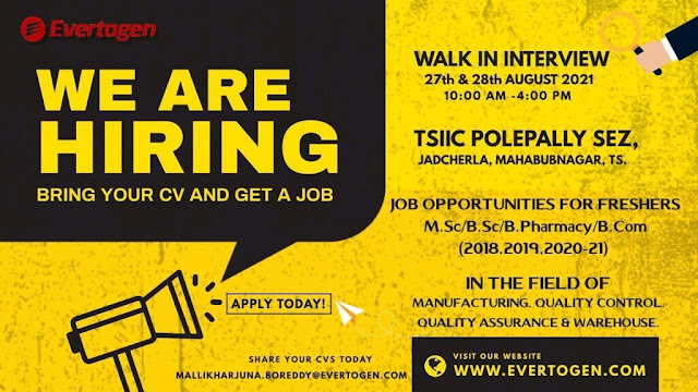 Evertogen  Walk-In Interviews for Fresher Bsc/ MSc/ B.Pharm/ B.Com