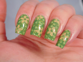 UberChic Beauty 16-02 over Sugar Flor Medusa, stamped with Moonflower Polishes stamping polish in Apple, Lemon, and Mango