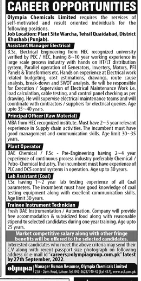 Job Advertisement Of Olympia Chemicals Limited Jobs 2022