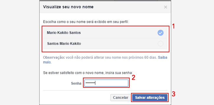 Vizualizando o novo nome no Facebook