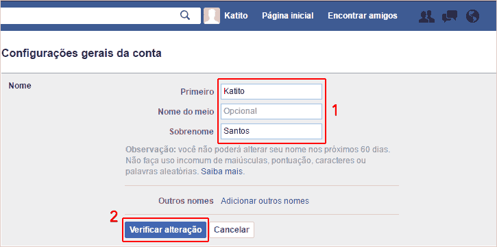 mudando o nome e salvando as alterações no Facebook