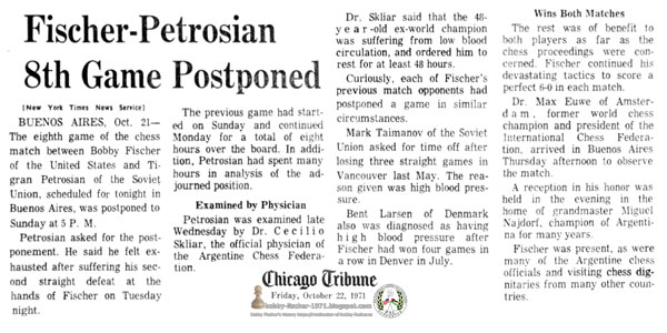Fischer-Petrosian 8th Game Postponed