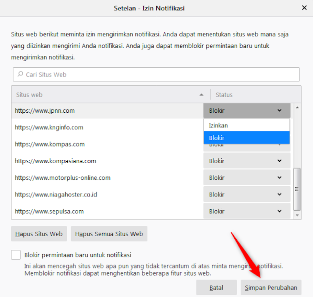 menonaktifkan notifikasi situs web