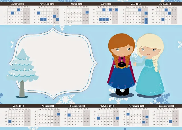 Calendario 2015 para imprimir gratis de Frozen Niñas para Navidad Azul.