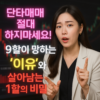 단타매매 절대 하지마세요! 9할이 망하는 이유와 살아남는 1할의 비밀 (2025ver.) 젊은 한국인 여성 전문가가 차트 배경 앞에서 손가락으로 강조하며 단타매매의 위험성을 설명하는 모습. 배경에는 주식 그래프가 흐릿하게 보이며, 네온 색상의 한국어 텍스트가 강조되어 있다.