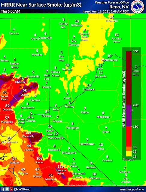 Thursday, August 19, 2021 - National Weather Service Reno's Near Surface Smoke Forecast #Dixiefire #Caldorfire Graphics