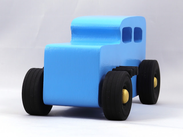 Wood Toy Car, Hot Rod Classic 1932 Sedan, Handmade and Painted with Baby Blue, Metalic Gold, and Black Acrylic Paint