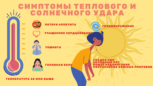 Симптомы теплового и солнечного удара - инфографика