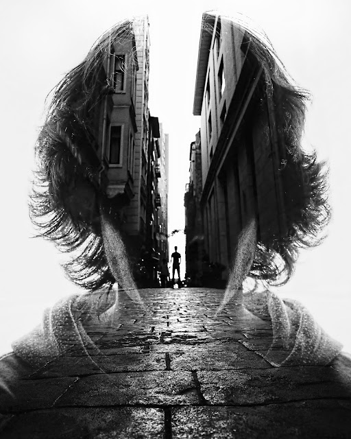 Double Exposure of Silhouette alley and Man Face in Photoshop