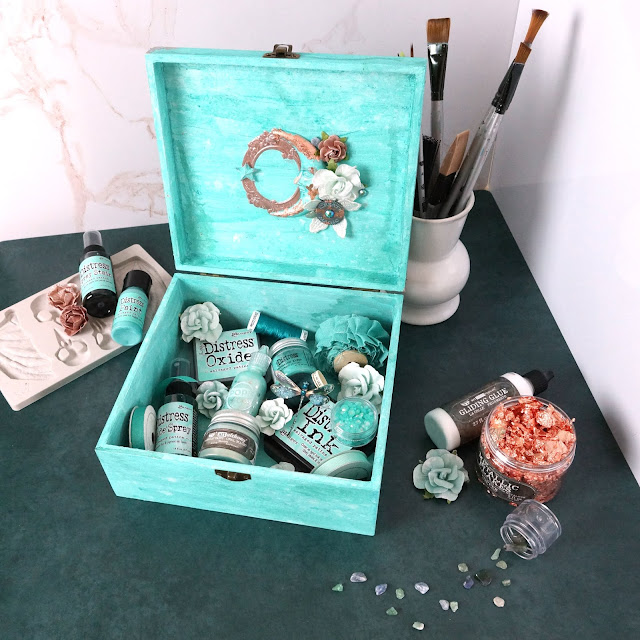 mixed media altered box: Tim Holtz Distress salvaged patina, Finnabair Resin bats and birds raven skull mould, copper flakes, Prima Marketing paper flowers, lace, trim; chipboard