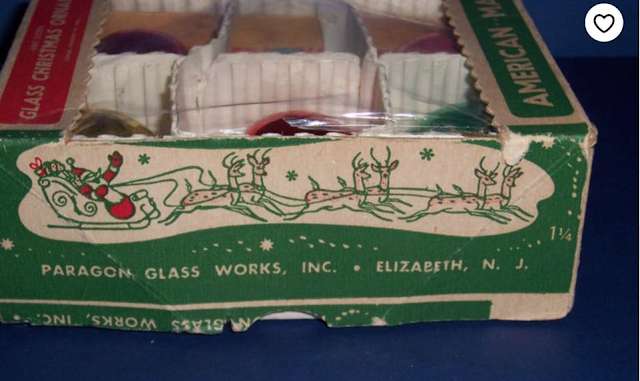 Santa and reindeer on the side of a vintage box of ornaments from Paragon Glass Works of Elizabeth NJ