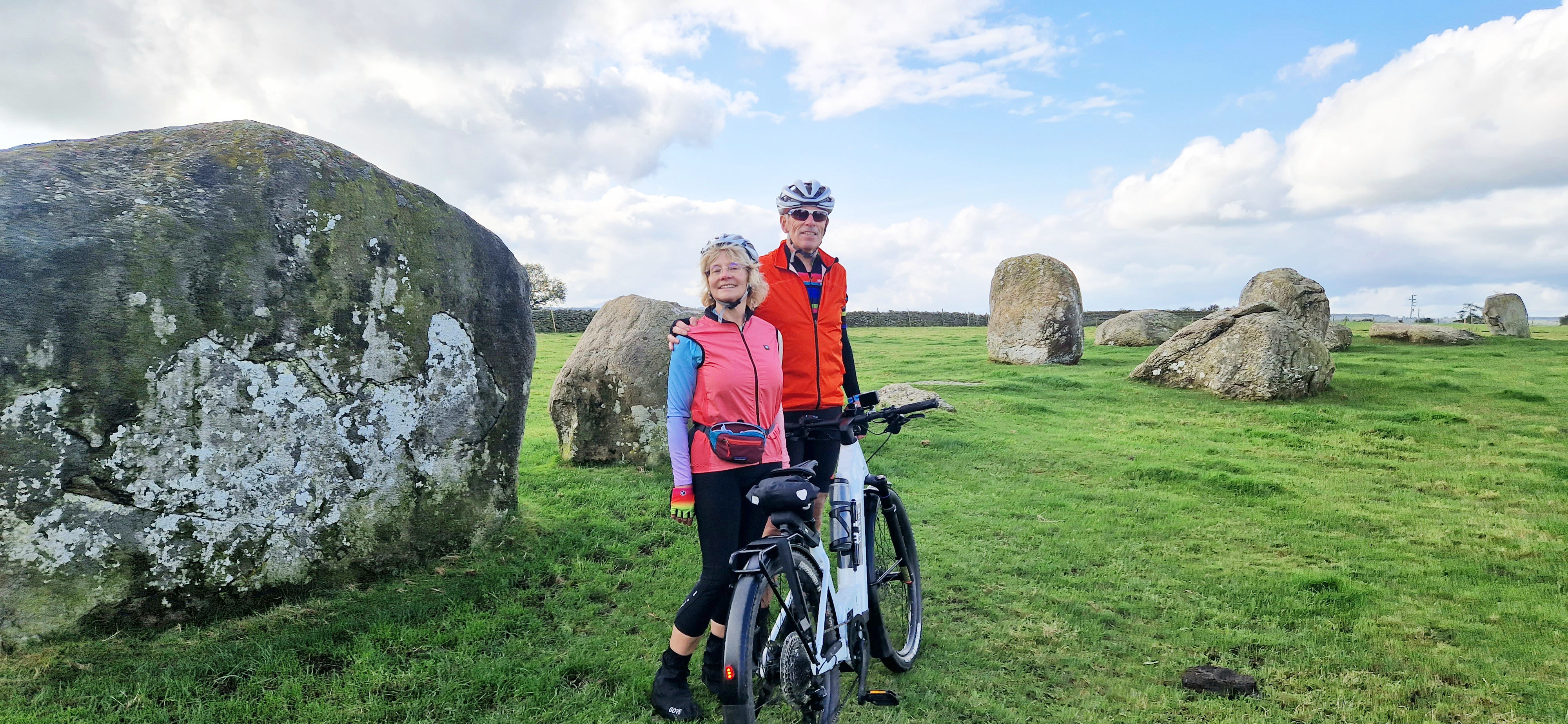 Gail Hanlon from Is This Mutton and husband at the Long Meg and Daughters Neolithic site