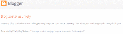 Wejście na adres usuniętego bloga powoduje wyświetlenie komunikatu: Blog został usunięty