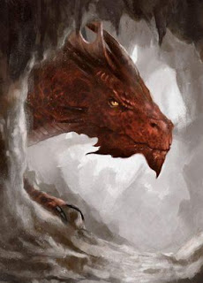 A huge red dragon peers around the wall of a cave