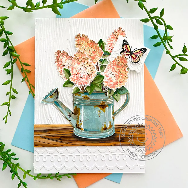 Sunny Studio Stamps: Watering Can Floral Themed Card by Bobbi Lemanski (featuring Lovely Lilacs, Embossing Folders, Icing Border Dies)