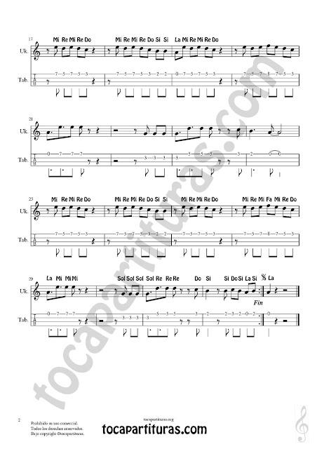 Hoja 2 Partitura y Tablatura con Notas en Letra en Pentagrama con Números y Tabs de Señorita de Camilla Cabello Easy Sheet Music for Ukelele Tablature (Tabs) (ideal para aprender a tocar punteos en ukelele)