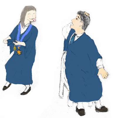 Image: Frank (the human) sits in a plastic chair wearing a tie and a graduation toga, feels the top of his head and looks to his right, startled. In the background –tiptoeing away– is Sis, also wearing a graduation toga and a medal in the shape of a concave eight-point-star. She has just slipped off Frank’s mortarboard hat and is sticking her tongue out at him.