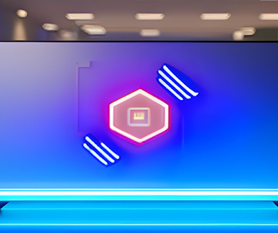 Immagine di un display blu con un simbolo al centro ch ìe intende rappresentare in modo generico l’intellligenza artificiale