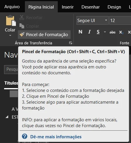 Abrindo o pincel de formatação do Word