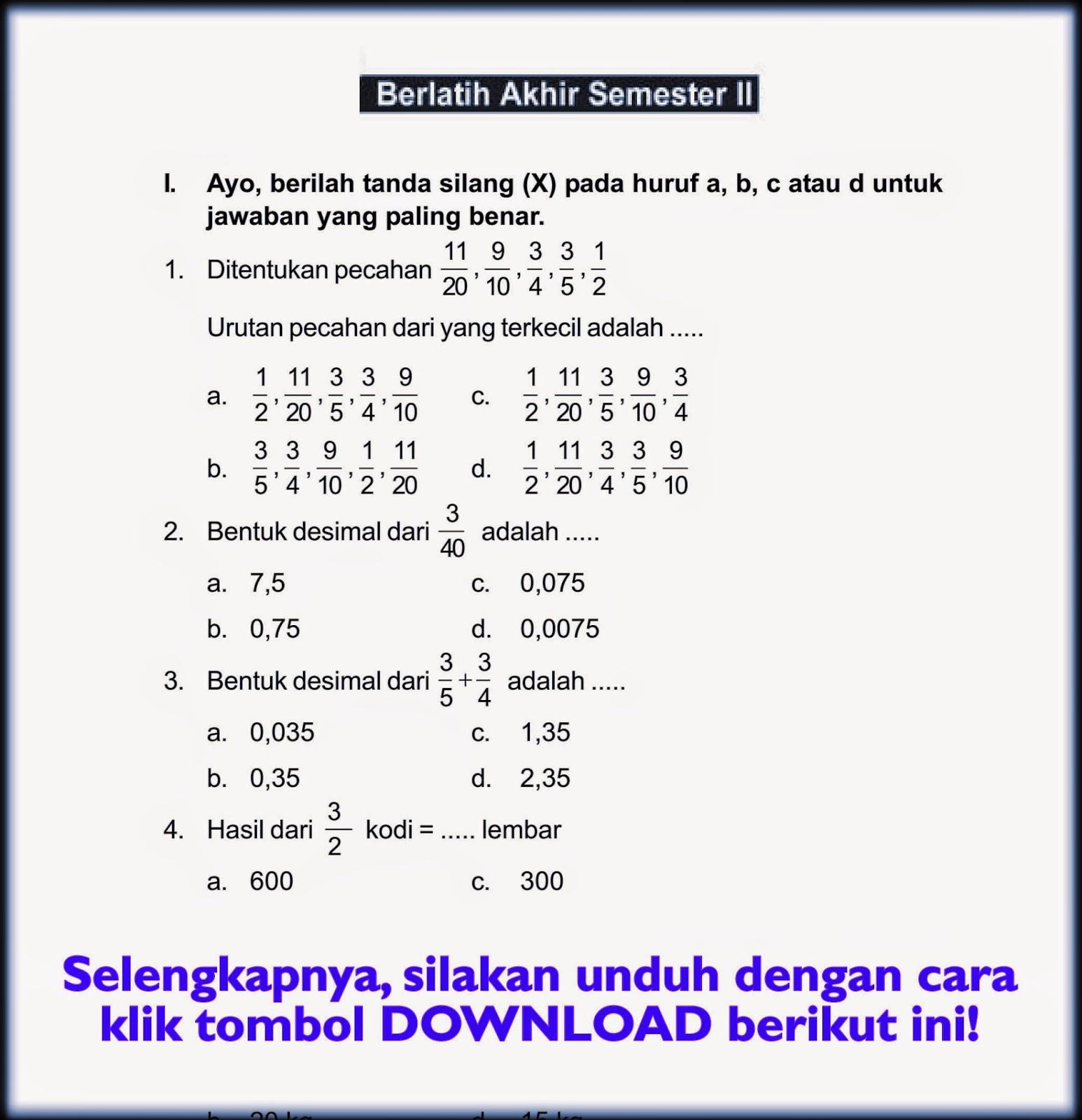 Soal Matematika Sd Kelas 4 Semester 2 Bab Pecahan