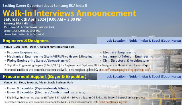 Samsung E&A India Walk-In Interviews For Engineers & Designers/ Procurement