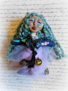 Blue Haired Goddess OOAK Miniature Folk Art Doll Ornament 