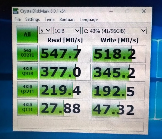 Uji coba SSD EVO 860 menggunakan Aplikasi CrystalDiskMark