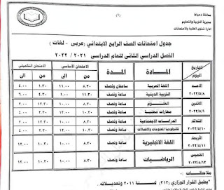 جدول امتحانات الصف الرابع الابتدائى الترم الثانى محافظة دمياط