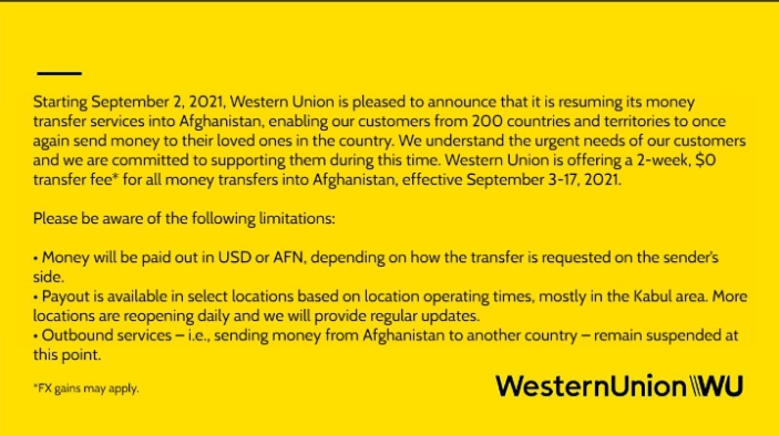 Western Union to resume Money-Transfer services to Afghanistan