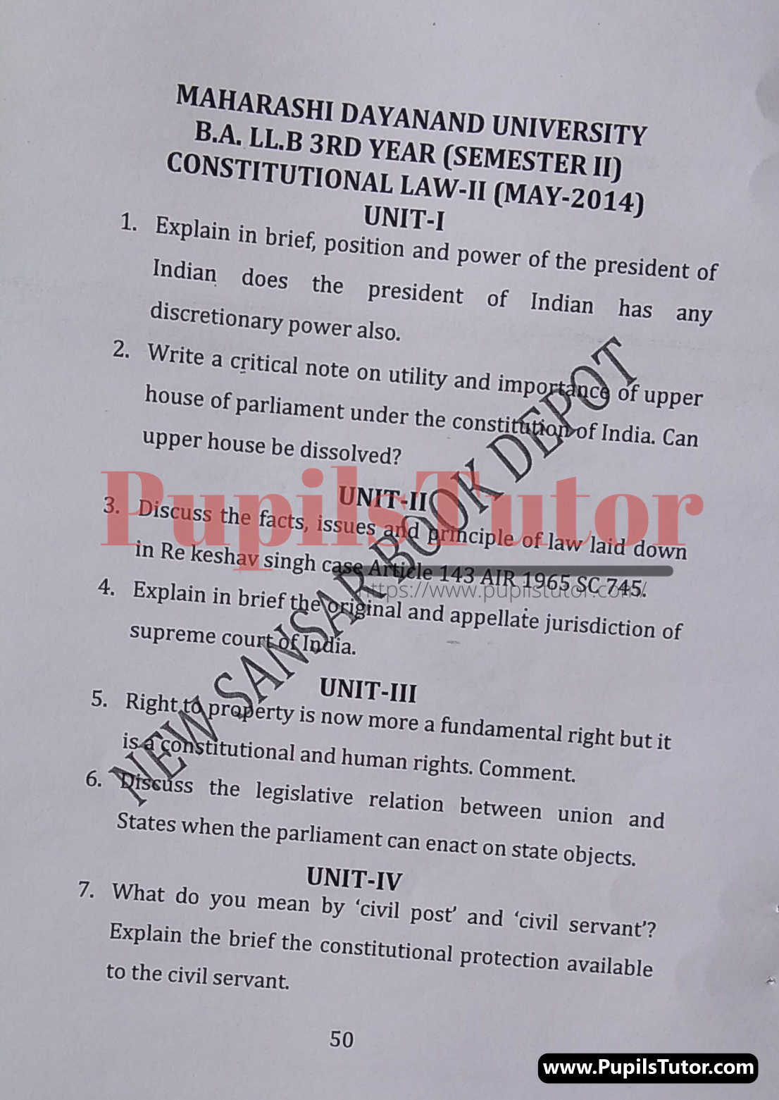 MDU (Maharshi Dayanand University, Rohtak Haryana) LLB Regular Exam (Hons.) Second Semester Previous Year Constitutional Law - II Question Paper For May, 2014 Exam (Question Paper Page 1) - pupilstutor.com