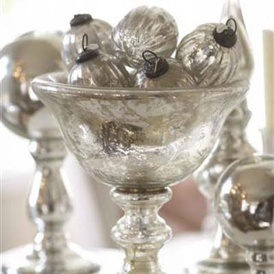 This mercury glass bowl holds some antique mercury glass ornaments.