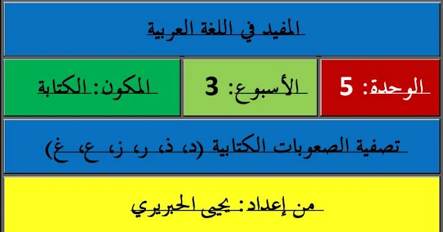 جذاذات  الوحدة.5.الاسبوع.3.الكتابة.تصفية.د.ذ.ر.ز.ع.غ.المفيد في اللغة العربية