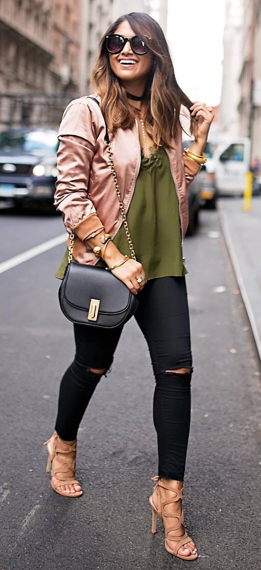 casual outfit inspiration: bomber + blouse + ripped jeans + bag + heels