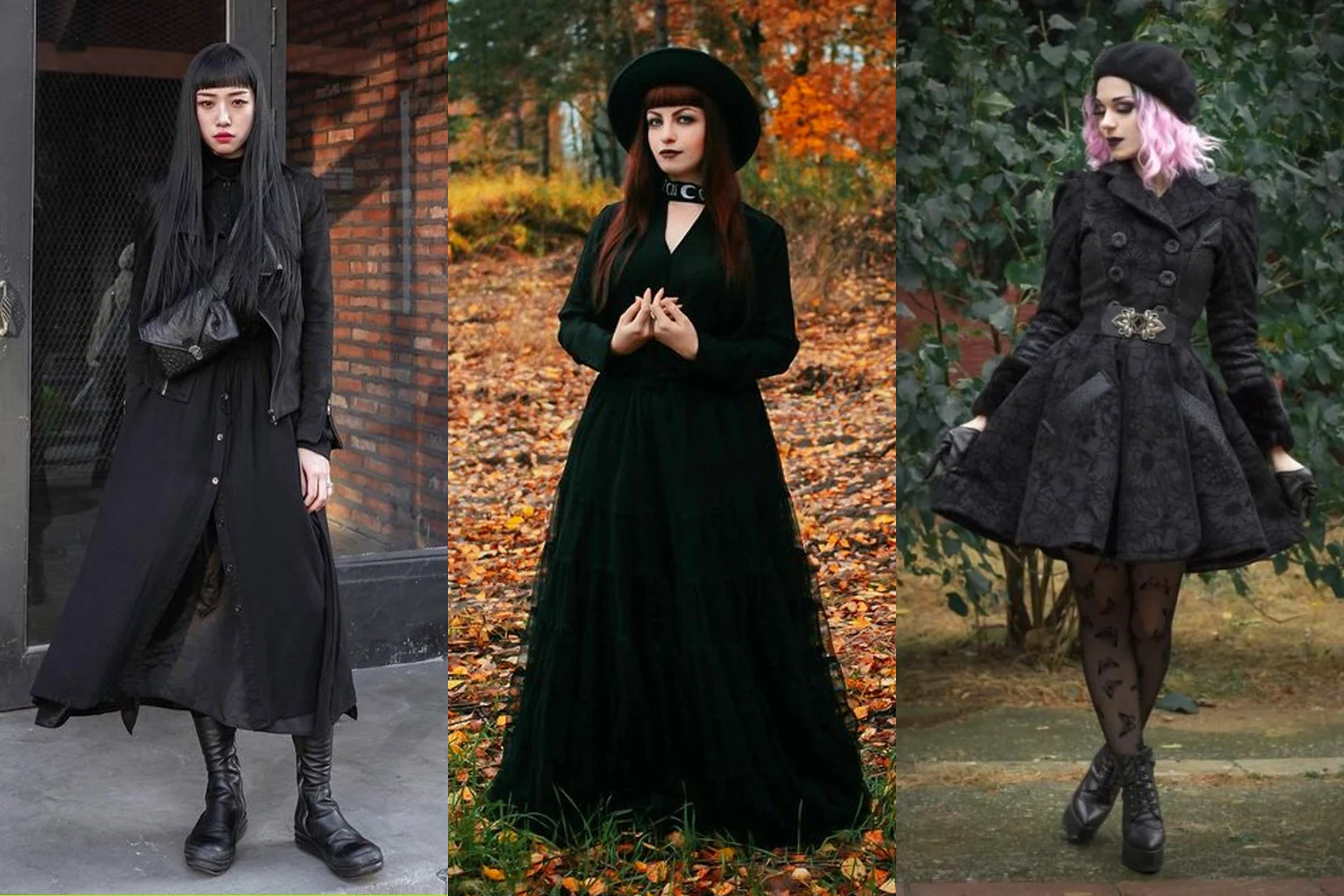 collage with theree stylish and warm goth winter outfits