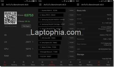 Benchmark AnTuTu v6 Xiaomi Mi 4c