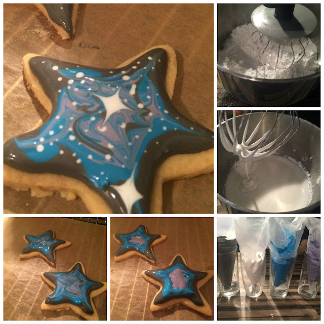 Photos of the steps for icing the galaxy biscuits