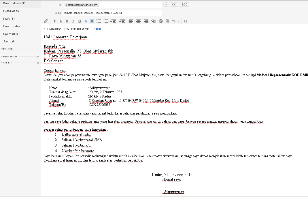 Contoh Kirim Lamaran Via Email Bahasa Inggris - Contoh Six