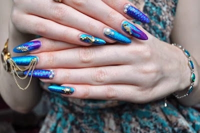 Long Blue Crazy nail design