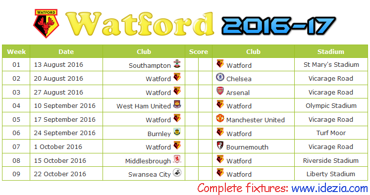 Download Jadwal Watford FC 2016-2017 File JPG - Download Kalender Lengkap Pertandingan Watford FC 2016-2017 File JPG - Download Watford FC Schedule Full Fixture File JPG - Schedule with Score Coloumn