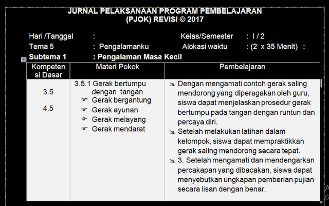 Jurnal Mengajar PJOK Kelas 1 SD/MI K2013 Semester 2